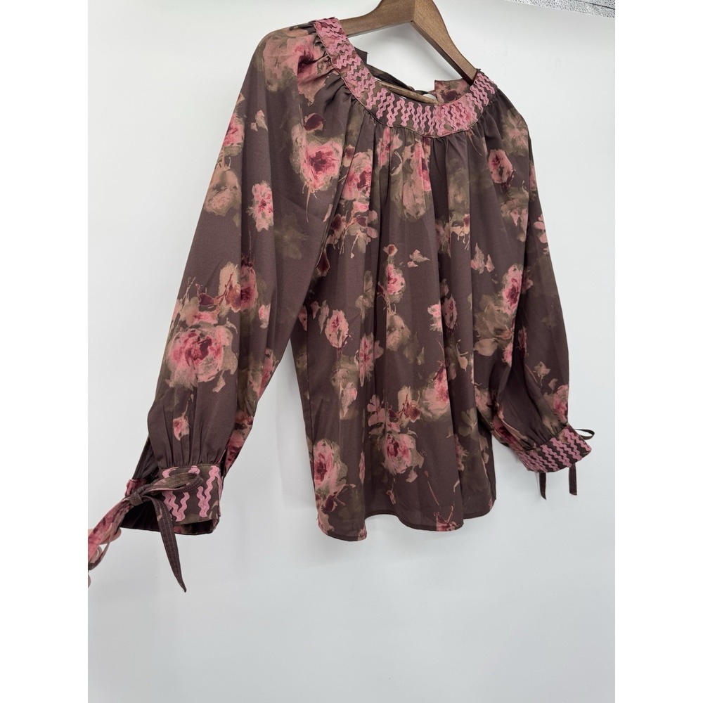 ENTRO Long Sleeve Floral Boho brown Blouse Forest Fairy‎ Ric Rack cottagecore M - Picture 6 of 11